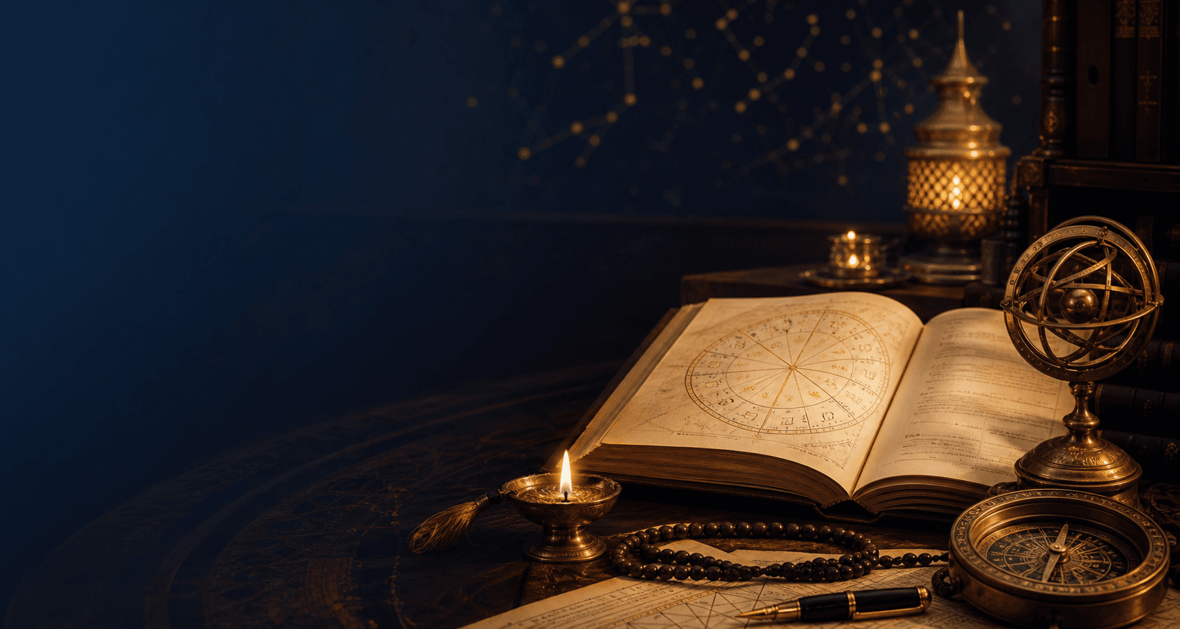 Luxury still life with astrological manuscript, kundli chart, brass lamp, and spiritual objects