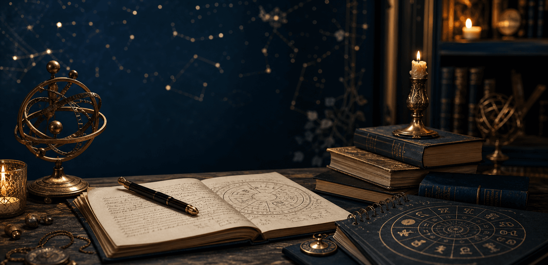 Elegant editorial astrology workspace with books, journal, and manuscript pages