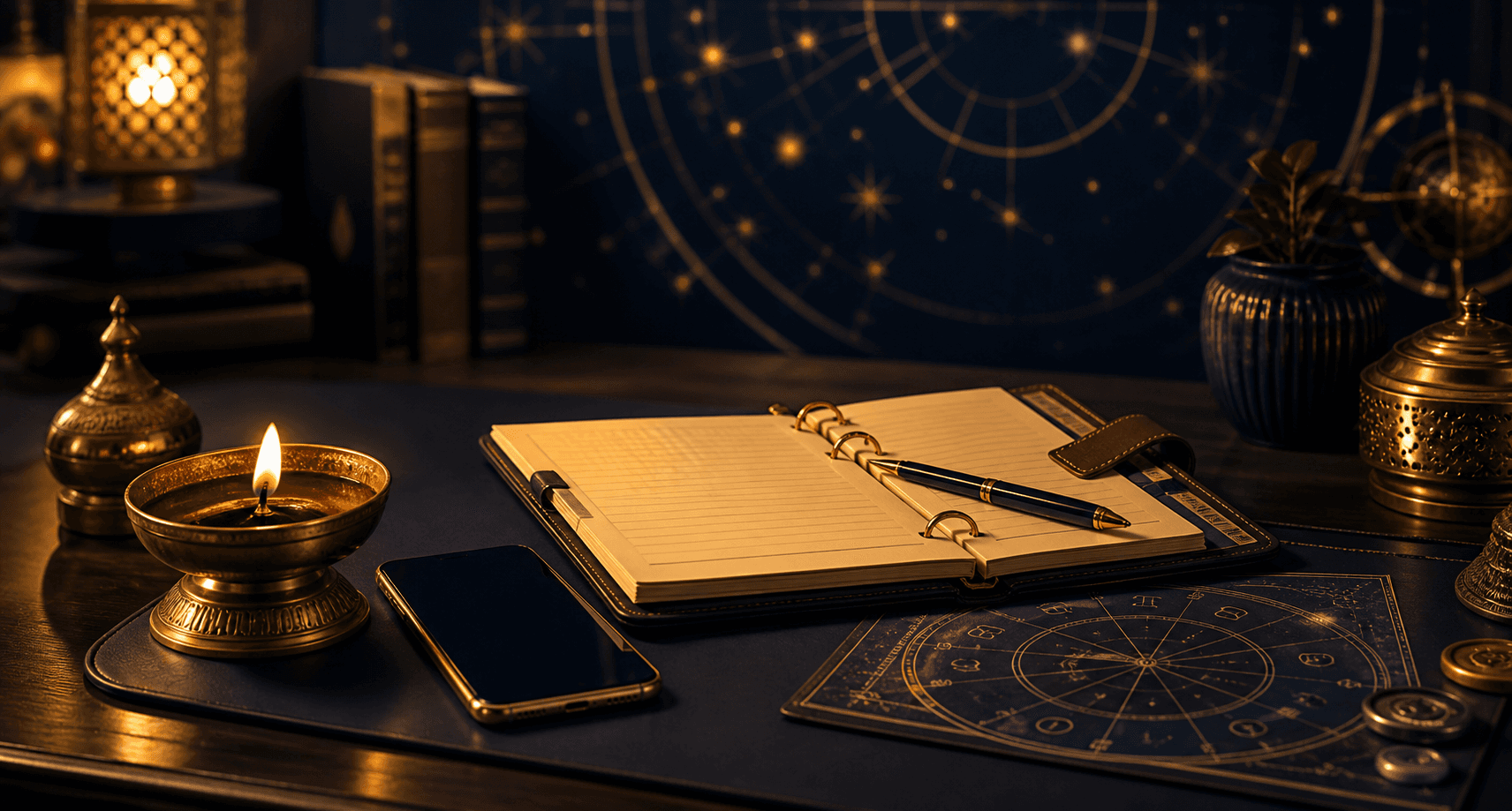 Luxury consultation desk with phone, planner, brass diya, and astrology notes