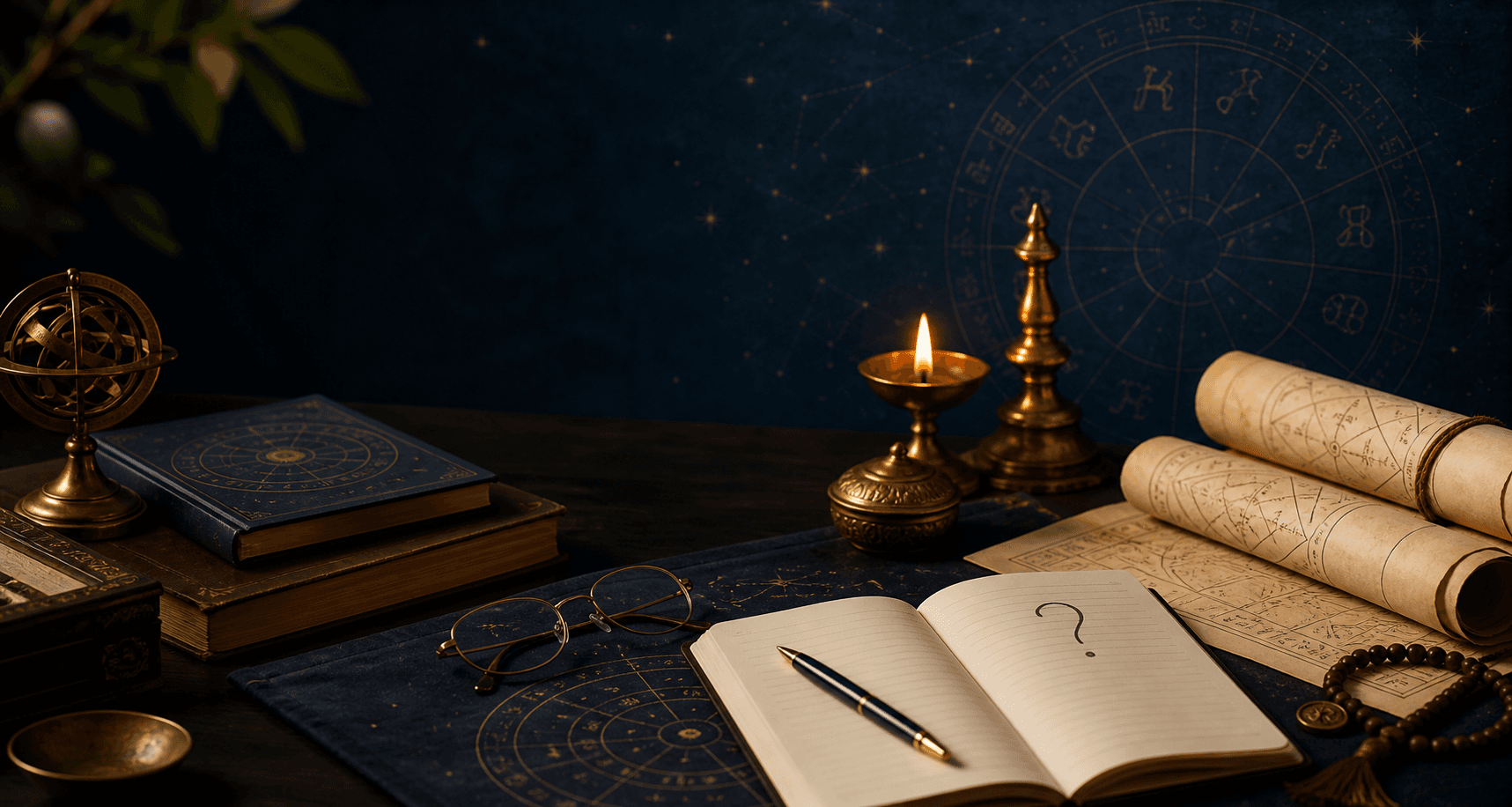 Face-free astrology FAQ visual with chart, lamp, parchment, and organized notes