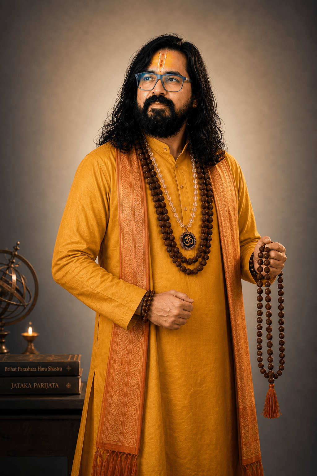 Raviraj Shastri in a saffron kurta holding prayer beads